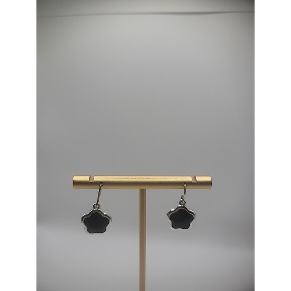 KC Silver Tone Hook Dangle Drop Earrins Pierced Clover Black Jewelry Costume - Picture 2 of 10